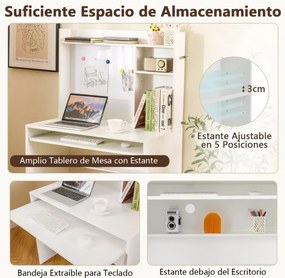 Secretária de computador 89 x 50 x 138 cm com quadro de avisos magnético e com Estante e Tabuleiro para teclado branco