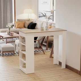 Mesa de bar para 2 pessoas, mesa alta para refeições em pé com 4 prateleiras abertas, 115 x 50 x 102,7 cm, branca e em madeira natural