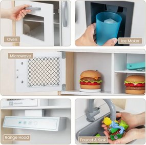 Cozinha de brincar em madeira 72 x 30 x 90 cm com micro-ondas, exaustor, fogão, lava-loiça, forno, máquina de gelo, 18 acessórios, botões, sons e toal