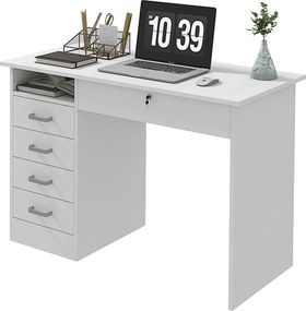 Secretária moderna com 5 gavetas, tampo amplo, 1 compartimento aberto, gaveta com fechadura, 110 x 50 x 76 cm, branca