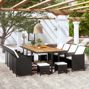 vidaXL 13 pcs conjunto jantar p/ exterior vime e madeira acácia preto