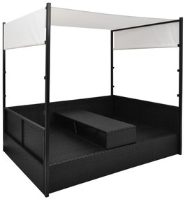 Espreguiçadeira de jardim com toldo 190x130 cm vime PE preto
