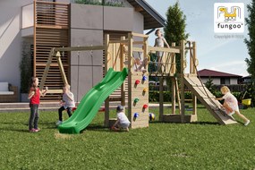 Parque infantil Crianças Exterior Maxi Funny Exposure KDI Com Escorrega, 2 Baloiços, rampa com corda de escalada, caixa de areia, parede de escalada