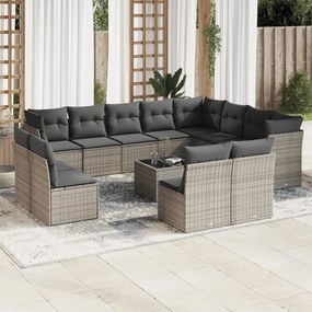 13 pcs conjunto sofás p/ jardim c/ almofadões vime PE cinzento