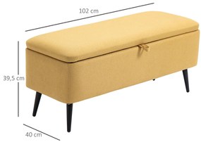 Banco de Armazenamento Estofado em Linho com Tampa Abatível e Pés de Aço para Dormitório Sala de Estar Entrada Carga Máxima 150kg 102x40x39,5cm Amarel