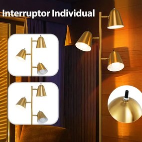 Candeeiro de pé em forma de árvore com 3 lâmpadas e abajures ajustáveis Mastro de metal e base pesada Dourado