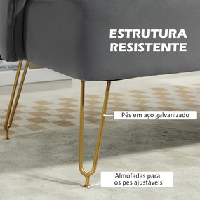 Sofá de 2 Lugares Estofado em Veludo Sofá Sala de Estar com 2 Almofadas e Pés de Aço Dourado Sofá Pequeno 124x69x76 cm Cinza