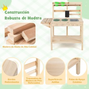 Cozinha brincar de madeira 75 x 30 x 88,5 cm com fogões, puxadores giratórios, quadro de giz, vasos, estantes e espaço de arrumação 3+ Anos Natural