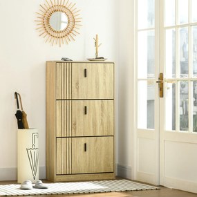 Sapateira com 3 portas, capacidade para 18 pares, ideal para a entrada, corredor ou sala de estar, 63 x 24 x 117 cm, em cor carvalho