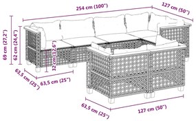 7 pcs conjunto sofás p/ jardim c/ almofadões vime PE cinzento