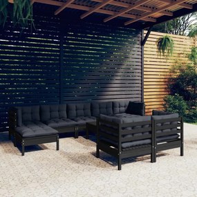 vidaXL 10 pcs conjunto lounge jardim c/ almofadões pinho maciço preto