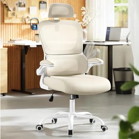 Cadeira ergonómica para escritório com tecido em rede e apoios de braços rebatíveis 64 x 71,5 x 116-135 cm Bege