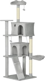 Arranhador para Gatos com Múltiplas Plataformas Cama 2 Cavernas Rede Escada Postes de Sisal 56x56x180 cm Cinza