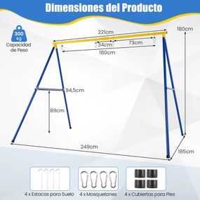 Conjunto de estrutura metálica para baloiço com capacidade para 250 kg, incluindo 2 baloiços elásticos e um disco voador, para jardim, pátio ou espaço