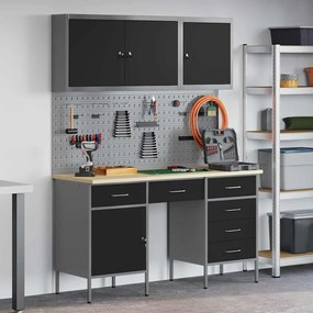 Conjunto de Armário de Trabalho e Painel de Ferramentas vidaXL com 8 Peças Preto em MDF e Metal