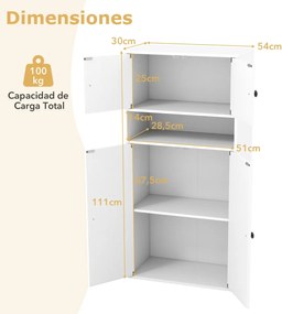 Estante com 4 portas de armazenamento moderno 54 x 30 x 111 cm de 4 níveis com prateleiras ajustáveis branco