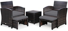 Conjunto de 5 Móveis de Rattan Conjunto de Conversação ao Ar Livre com Cadeira Otomana Almofadada e Mesa de Café para Pátio de Jardim Cinzento