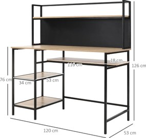 Secretária com 4 prateleiras, tampo grande e painel preto 120 x 53 x 126 A cm, carvalho e preto
