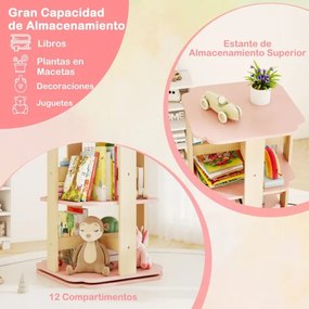 Estante giratória para crianças com 360° de rotação, 3 níveis e 12 compartimentos 48 x 48 x 95,5 cm Rosa