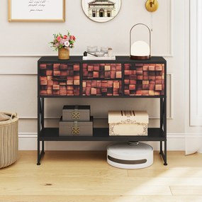 Mesa Consola com 4 gavetas em tecido 98,5 x 29 x 79,5 cm, estante, Estrutura metálica, padrão em mosaico de madeira, para corredores e espaços pequeno
