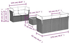 6 pcs conjunto sofás p/ jardim c/ almofadões vime PE cinzento