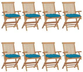 vidaXL Cadeiras de jardim c/ almofadões azuis-claros 8 pcs teca maciça