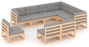 9 pcs conjunto lounge de jardim c/ almofadões pinho maciço