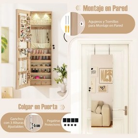Armário de joias em madeira com espelho de parede e LED interno Organizador de porta ou parede com chave 35,5 x 10 x 120 cm Natural
