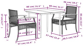 3 pcs conjunto de jantar p/ jardim c/ almofadões vime PE cinza