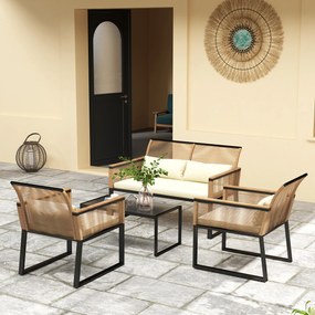 Conjunto de Jardim 4 Peças de Vime Sintético com 2 Cadeiras 1 Sofá de 2 Lugares e Mesa de Centro Madeira e Creme
