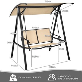 Baloiço jardim para 2 pessoas com toldo ajustável Estrutura metálica de toldo com gancho de mola resistente para piscina jardim pátio Bege