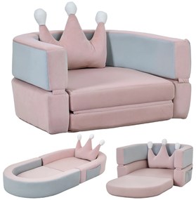 AIYAPLAY Sofá para Crianças com Almofada em Forma de Coroa Dobrável em Cama e Zona de Brincadeiras 116x61x14 cm Rosa e Azul Acinzentado | Aosom Portugal