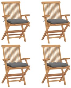 vidaXL Cadeiras de jardim c/ almofadões cinzentos 4 pcs teca maciça