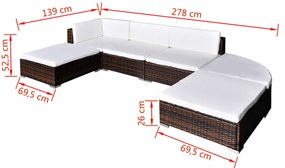 6 pcs conjunto lounge jardim c/ almofadões vime PE castanho