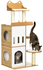 PawHut Arranhador Gatos 133 cm Caverna Plataformas Bola Suspensa Postes Sisal Estável Confortável 60x48x133 cm Carvalho | Aosom Portugal