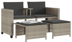 Sofá de jardim 2 lugares com mesa e bancos vime PE cinza-claro
