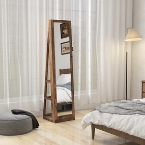 Joalheiro de Pé Armário para Jóias 360° com Fechadura e Espelho Incorporado Carga Máxima 20 kg 38x38x160 cm Castanho Rústico