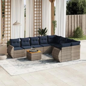 vidaXL 9 pcs conjunto sofás p/ jardim c/ almofadões vime PE cinzento