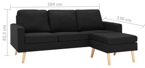 Sofá Ginger Chaise Longue -  Cor Preto - De 3 Lugares - Tecido Suave a