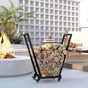 Suporte para Lenha Metálico Lenheiro de Exterior com Rodas e Gancho para Interior e Exterior Carga 50 kg 79x30x81 cm Preto