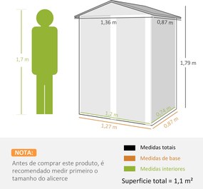 Abrigo de Jardim Metálico 136x87x179 cm Abrigo para Ferramentas com Porta de Correr Teto Inclinado e Luvas Cinzento Escuro