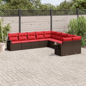 vidaXL 10 pcs conj. sofás jardim com almofadões vime PE castanho
