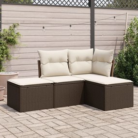 4 pcs conjunto sofás de jardim c/ almofadões vime PE castanho