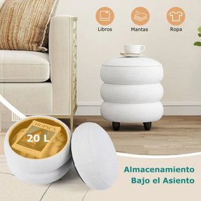 Pufe Redondo Moderna de Chenille com Tampa Removível e com arrumação e Pernas de Madeira de Borracha Versátil Assento Acolchoado Branco