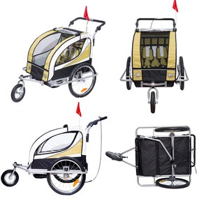 Atrelado para Bicicleta tipo Carro com Barra de Passeio para Crianças, de 2 Lugares, com Roda Dianteira Giratória a 360° e Assento Almofadado