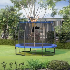 Trampolim para ar livre crianças e adultos  com aro de basquetebol, almofada de segurança e escada 3M azul e preto
