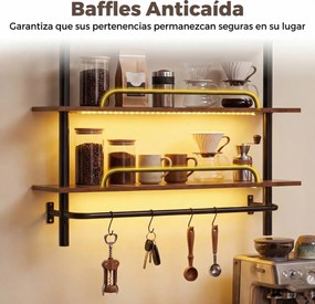 Prateleiras suspensos de parede com luzes 80,5 x 24 x 97 cm, controlo remoto via app, em tubos industriais, 3 níveis, com 4 ganchos em forma de S, Cas