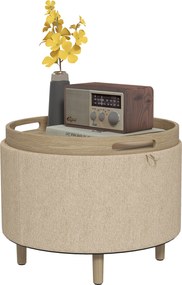 Pufe redondo, apoio para os pés 56 L x 56 P x 42 A cm e banco com compartimento de arrumação, tabuleiro reversível, móvel 3 em 1 com pernas em madeira