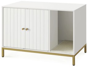 Caixa de areia para gatos Feandrea, móvel oculto para caixa de areia com tapete arranhador, pernas altas, casinha para gatos, mesa lateral, 80 x 50 x 55 cm, branco e dourado PCL007W01V1