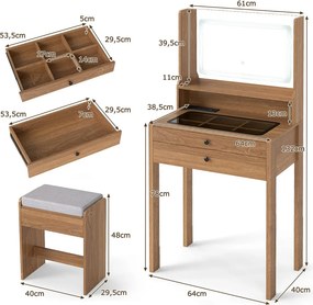 Toucador com espelho e iluminação Mesa de maquilhagem com tomadas elétricas 3 modos de iluminação e banco acolchoado natural
